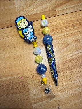 Peanuts Sally Nurse Blue Rhinestone Beaded Pen and Matching Badge Reel Set